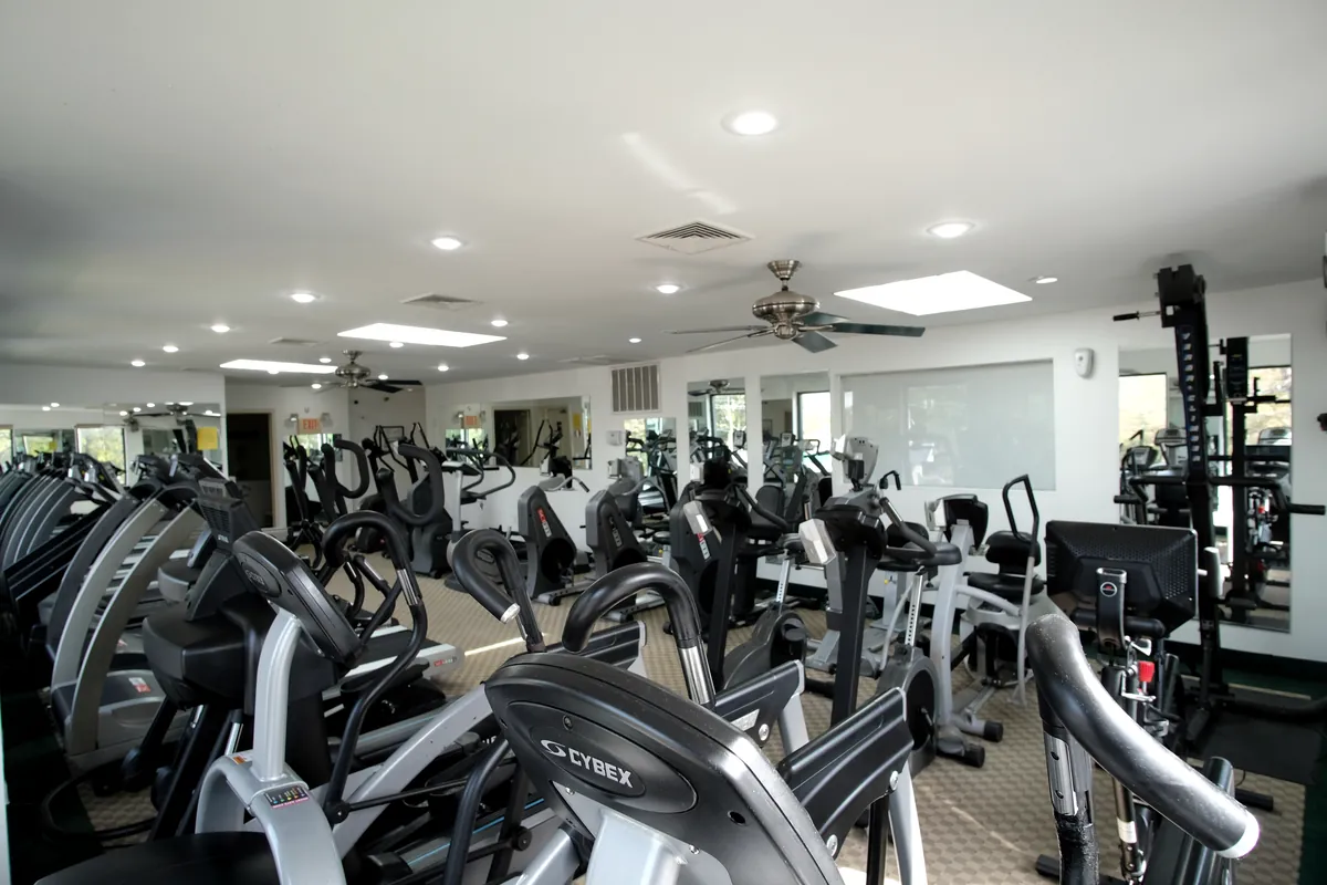 Rows of treadmills, ellipticals and bikes on the second floor
